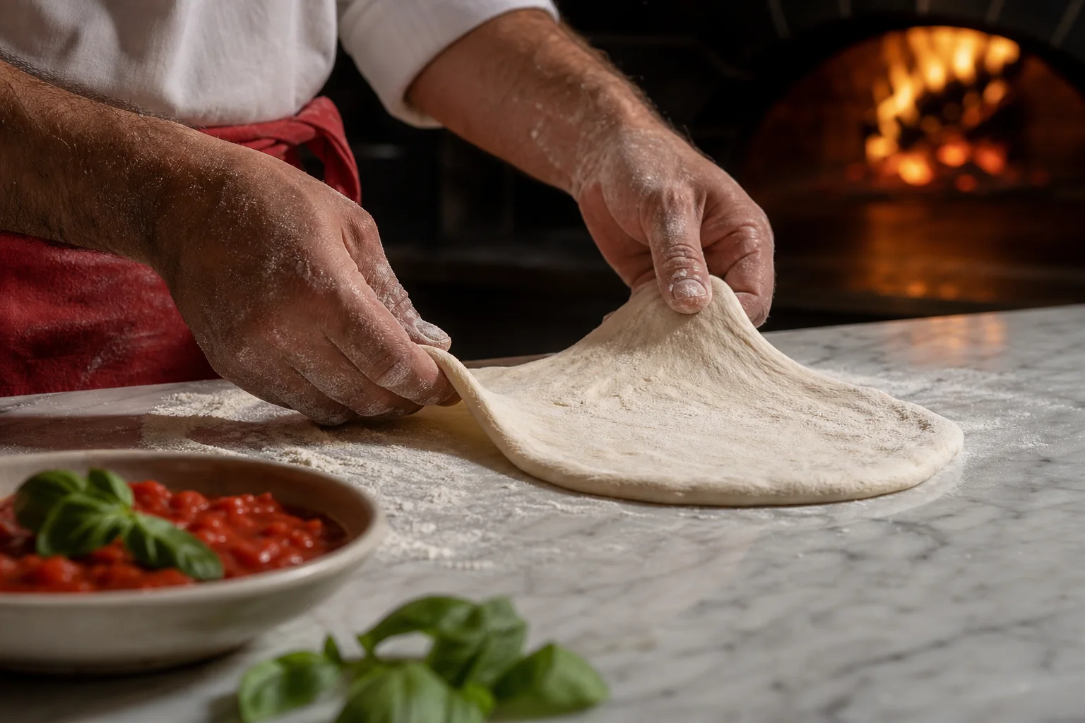 Pizzateig wird von Hand auf Marmor ausgezogen