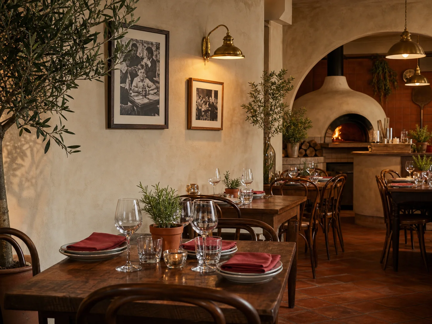 Warmer Gastraum der Pizzeria Francesco mit Blick auf den Holzofen